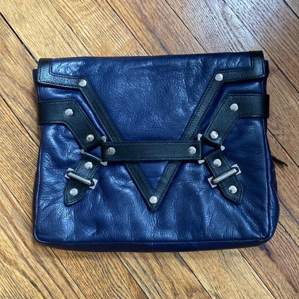 Jack Germain Navy and Black Leather Clutch with metal hardware